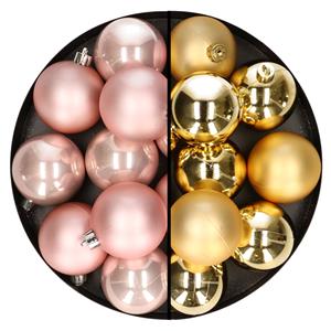 24x stuks kunststof kerstballen mix van lichtroze en goud 6 cm -