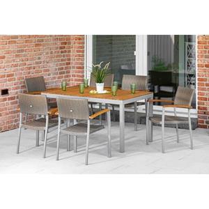 MERXX Garten-Essgruppe "Silano", (7 tlg.), 6 Stapelsessel mit Armlehnen, Tisch, Akazienholz/Aluminiumgestell