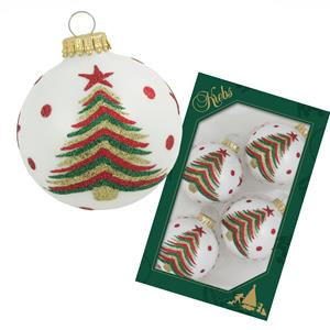 Krebs kerstballen - 4x stuks - wit met kerstboom - glas - 7 cm -