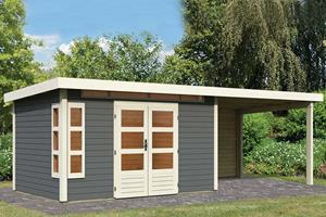 Karibu | Tuinhuis Kastorf 7 met Overkapping 3,2 en Achterwand 28 mm | Terragrijs