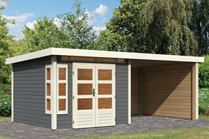 Karibu | Tuinhuis Kastorf 6 met Overkapping 3,2, Zij- en Achterwand 28 mm | Terragrijs