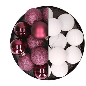 24x stuks kunststof kerstballen mix van aubergine en wit 6 cm -