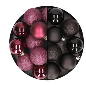 24x stuks kunststof kerstballen mix van aubergine en zwart 6 cm -