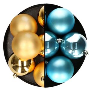 Decoris Kerstballen - 12x St - 8 Cm - Goud En Blauw -plastic