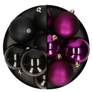 Decoris Kerstballen - 12x St - 8 Cm - Zwart En Paars -plastic