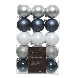 Decoris Kerstballen - 30x -donkerblauw/wit/zilver 6cm -kunststof