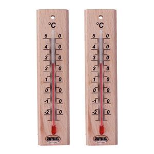Amig Thermometer binnen/buiten - 2x - hout - bruin - 14 x 3 cm -