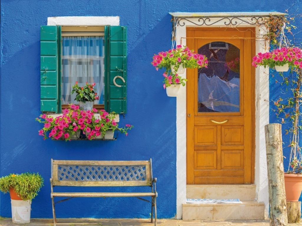 Buiten canvas 58x78 cm Italiaans blauw huis - 