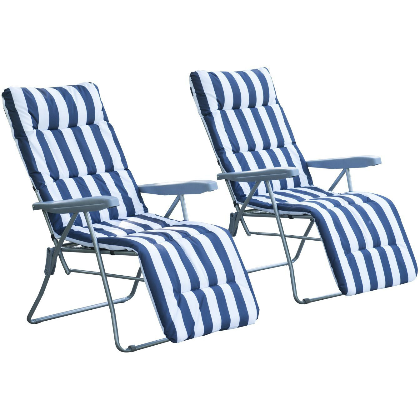 Sunny Ligstoelenset met armsteun en ligkussens opvouwbaar blauw-wit 2stuks