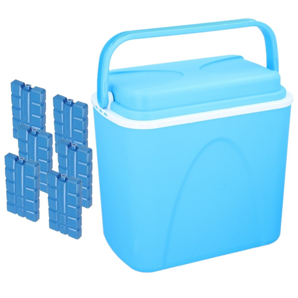 Merkloos Voordelige normale blauwe koelbox 24 liter met 6x normale koelelementen -