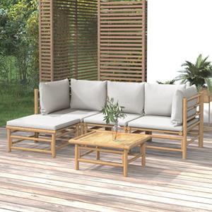 VIDAXL Bamboe loungeset 5-delig - Met voetenbank + tafel - Lichtgrijze kussens