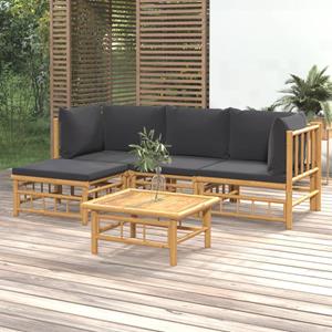 VIDAXL Bamboe loungeset 5-delig - Met voetenbank + tafel - Donkergrijze kussens