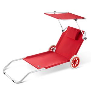 Strandliege Kreta klappbar 2 Räder UV-beständig Kopfpolster Sonnendach Garten Sonnenliege Klappliege 115kg belastbar Alurahmen Liege rot - Casaria