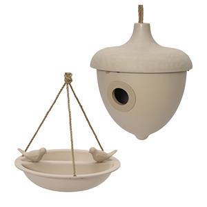 Decoris Vogelhuisje en voederschaal/vogelbadje - beige - bamboe - nestkastje -