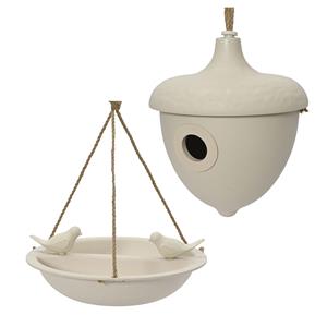 Decoris Vogelhuisje en voederschaal/vogelbadje - wit - bamboe - nestkastje -