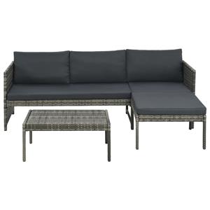 vidaXL 3-delige Loungeset met kussens poly rattan grijs