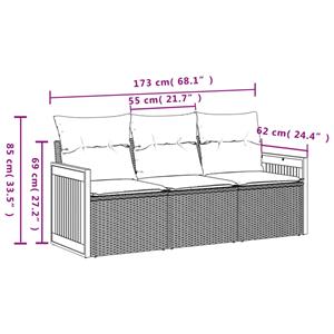 vidaXL 3-delige Loungeset met kussens poly rattan beige