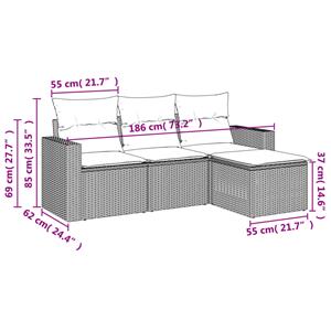 vidaXL 4-delige Loungeset met kussens poly rattan grijs