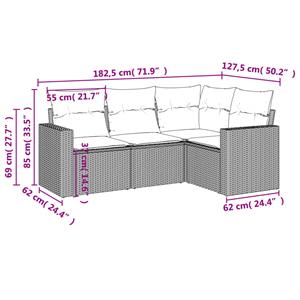 vidaXL 4-delige Loungeset met kussens poly rattan grijs