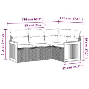 vidaXL 4-delige Loungeset met kussens poly rattan grijs