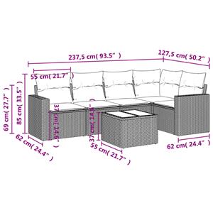 vidaXL 6-delige Loungeset met kussens poly rattan grijs