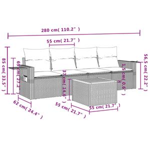 vidaXL 5-delige Loungeset met kussens poly rattan grijs