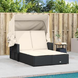 vidaXL Ligbed 2-persoons met luifel en kussens poly rattan zwart