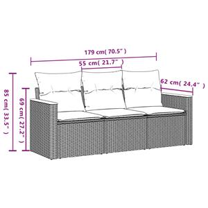 vidaXL 3-delige Loungeset met kussens poly rattan zwart