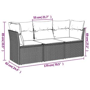 vidaXL 3-delige Loungeset met kussens poly rattan grijs