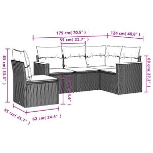 vidaXL 5-delige Loungeset met kussens poly rattan grijs
