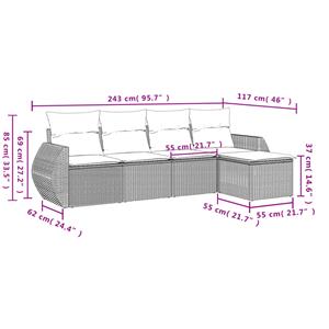 vidaXL 5-delige Loungeset met kussens poly rattan grijs