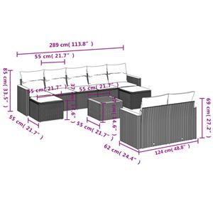 vidaXL 10-delige Loungeset met kussens poly rattan grijs