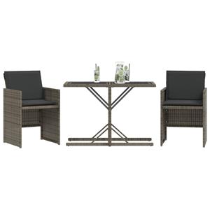 vidaXL 3-delige Bistroset met kussens poly rattan grijs