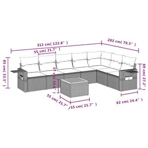 vidaXL 8-delige Loungeset met kussens poly rattan grijs