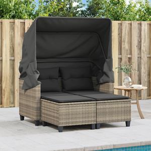 vidaXL Loungesofa Gartensofa 2-Sitzer mit Dach und Hockern Hellgrau Poly Rattan