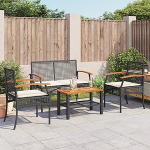 vidaXL 4-delige Loungeset met kussens poly rattan zwart