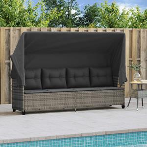 vidaXL Ligbed met luifel en kussens poly rattan grijs
