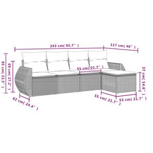 vidaXL 5-delige Loungeset met kussens poly rattan zwart