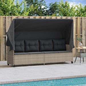 vidaXL Ligbed met luifel en kussens poly rattan lichtgrijs