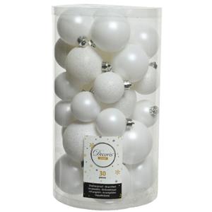 Decoris 30x stuks kunststof kerstballen 4 - 5 - 6 cm wit -