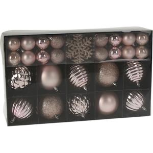 Christmas Decoration Set van 50x stuks kunststof kerstballen en sneeuwvlok kersthangers roze -