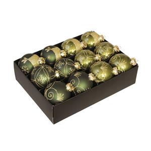 Othmar Decorations 12x stuks luxe glazen gedecoreerde kerstballen donkergroen 7,5 cm -