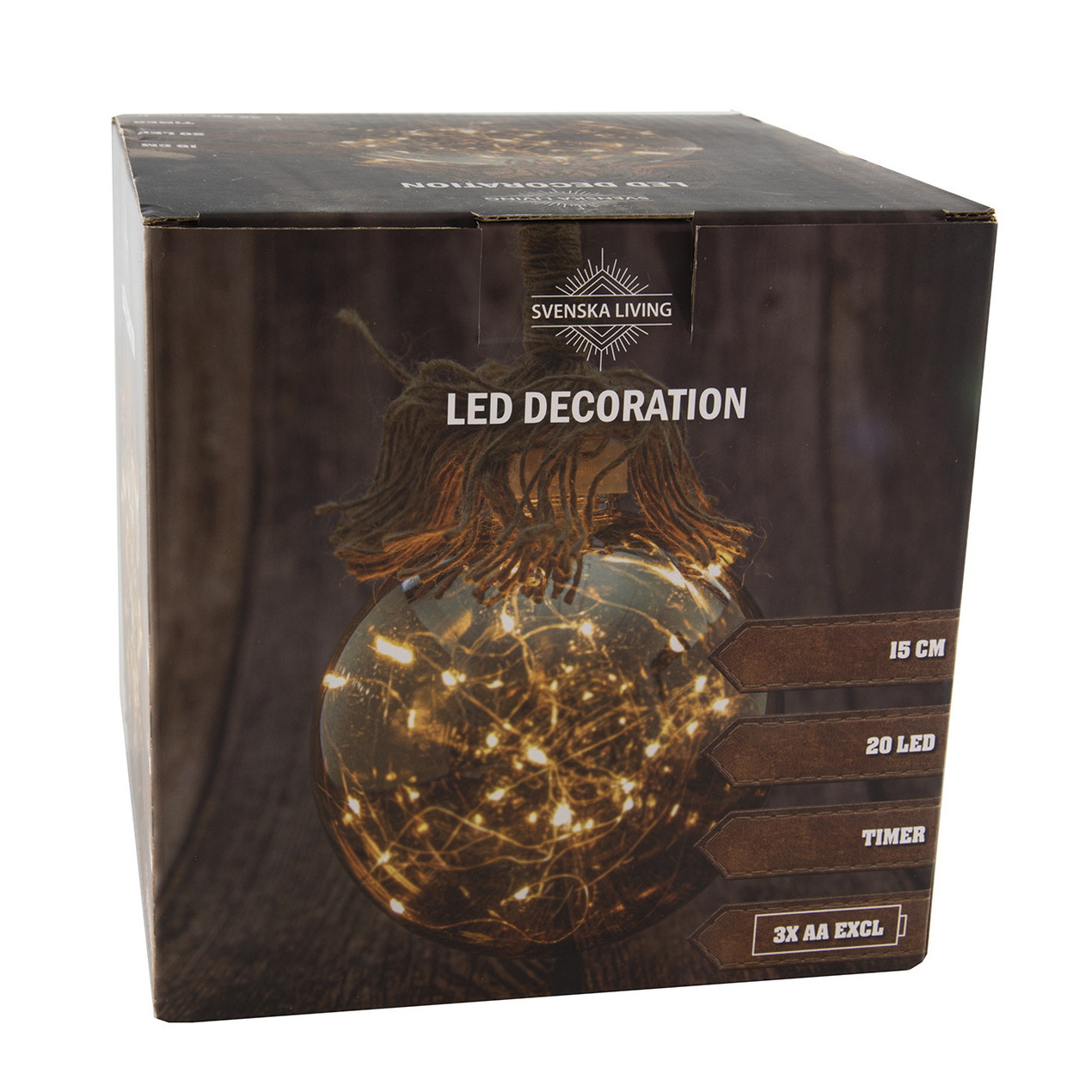 Svenska Living Verlichte glazen kerstbal aan touw met 20 lampjes smoky 15 cm met timer -