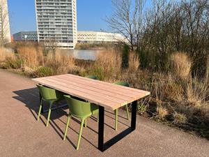 Industrielemeubelshop Douglashouten tuintafel Amber met subtiele stalen U poten