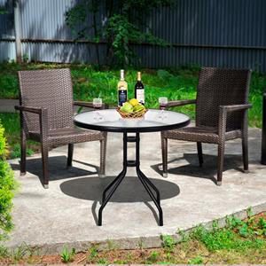 Costway Tuintafel met Tafelblad van Gehard Glas Terrastafel met Parasolgat en Metalen Frame Ronde Balkontafel Buiten Eettafel voor Binnenplaats