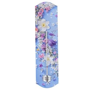 Alma garden Binnen/buiten thermometer met lentebloemen print - blauw - metaal - 29 x 6.5 cm -