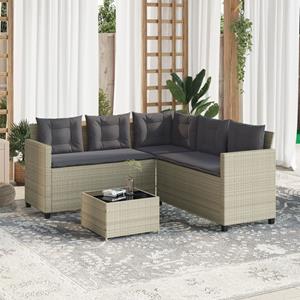 vidaXL Tuinbank met tafel en kussens L-vormig poly rattan lichtgrijs