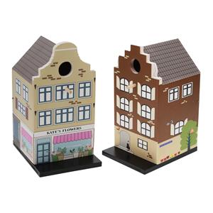 Pro Garden Vogelhuisjes - set 2x - grachtenpand design - hout - beige/bruin - 15 x 12 x 23 cm- nestkastje -