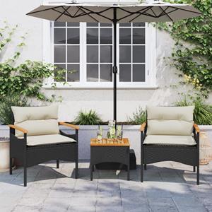 vidaXL 3-delige Loungeset met kussens poly rattan zwart