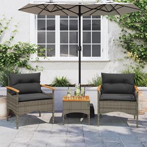 vidaXL 3-delige Loungeset met kussens poly rattan grijs